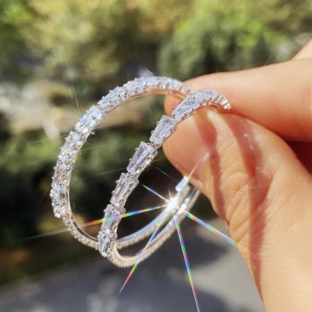 925 Sterling Silver White Sapphire Hoop Earrings - Picture 2 of 7